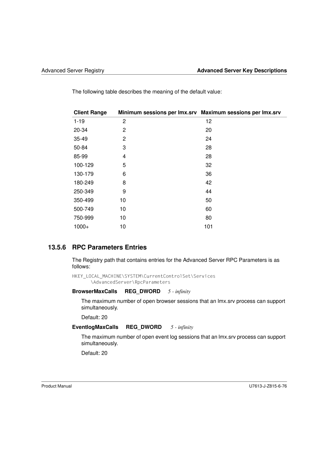 Siemens V4.0 manual RPC Parameters Entries, BrowserMaxCalls Regdword 5 infinity, EventlogMaxCalls Regdword 5 infinity 