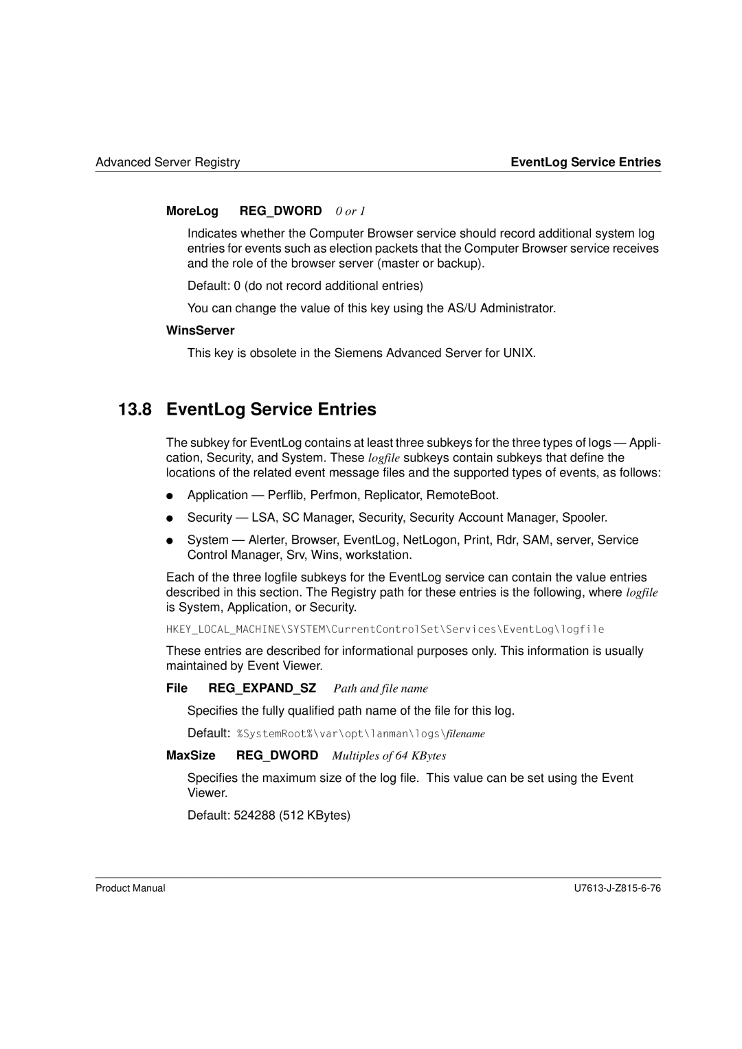 Siemens V4.0 manual EventLog Service Entries, WinsServer, File Regexpandsz Path and file name 