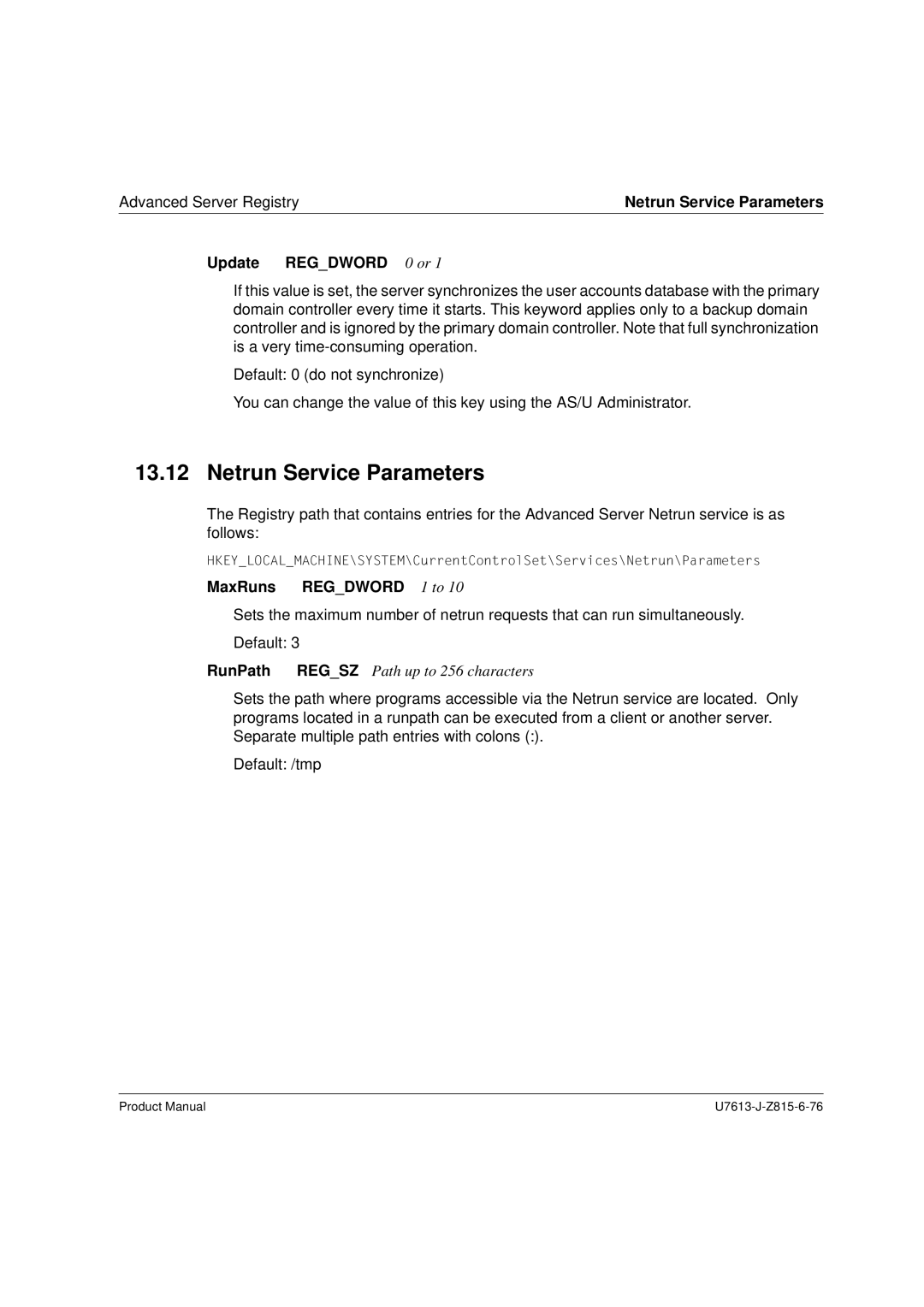 Siemens V4.0 manual Netrun Service Parameters, MaxRuns Regdword 1 to 