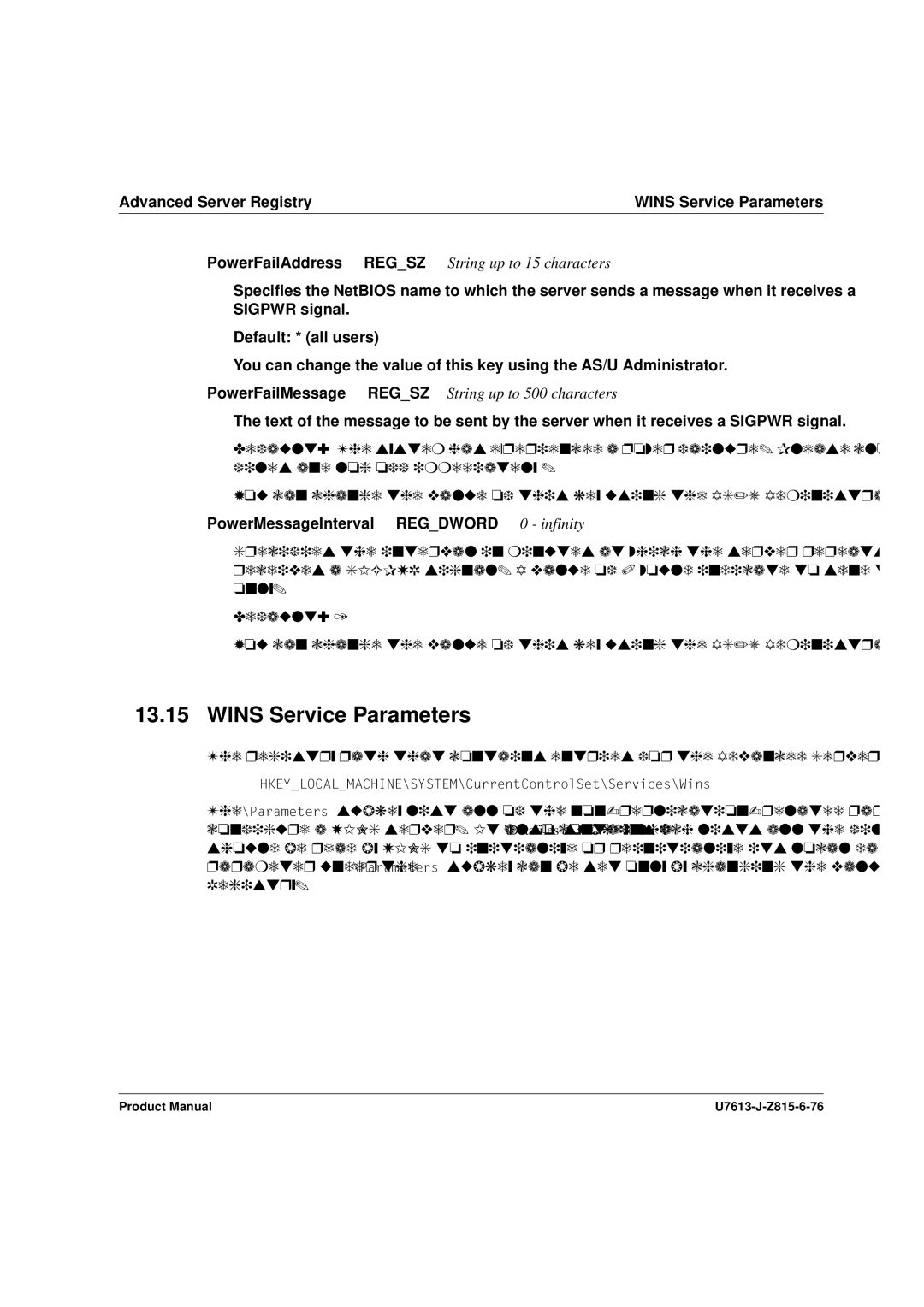 Siemens V4.0 manual Wins Service Parameters, PowerFailAddress Regsz, PowerMessageInterval Regdword 0 infinity 