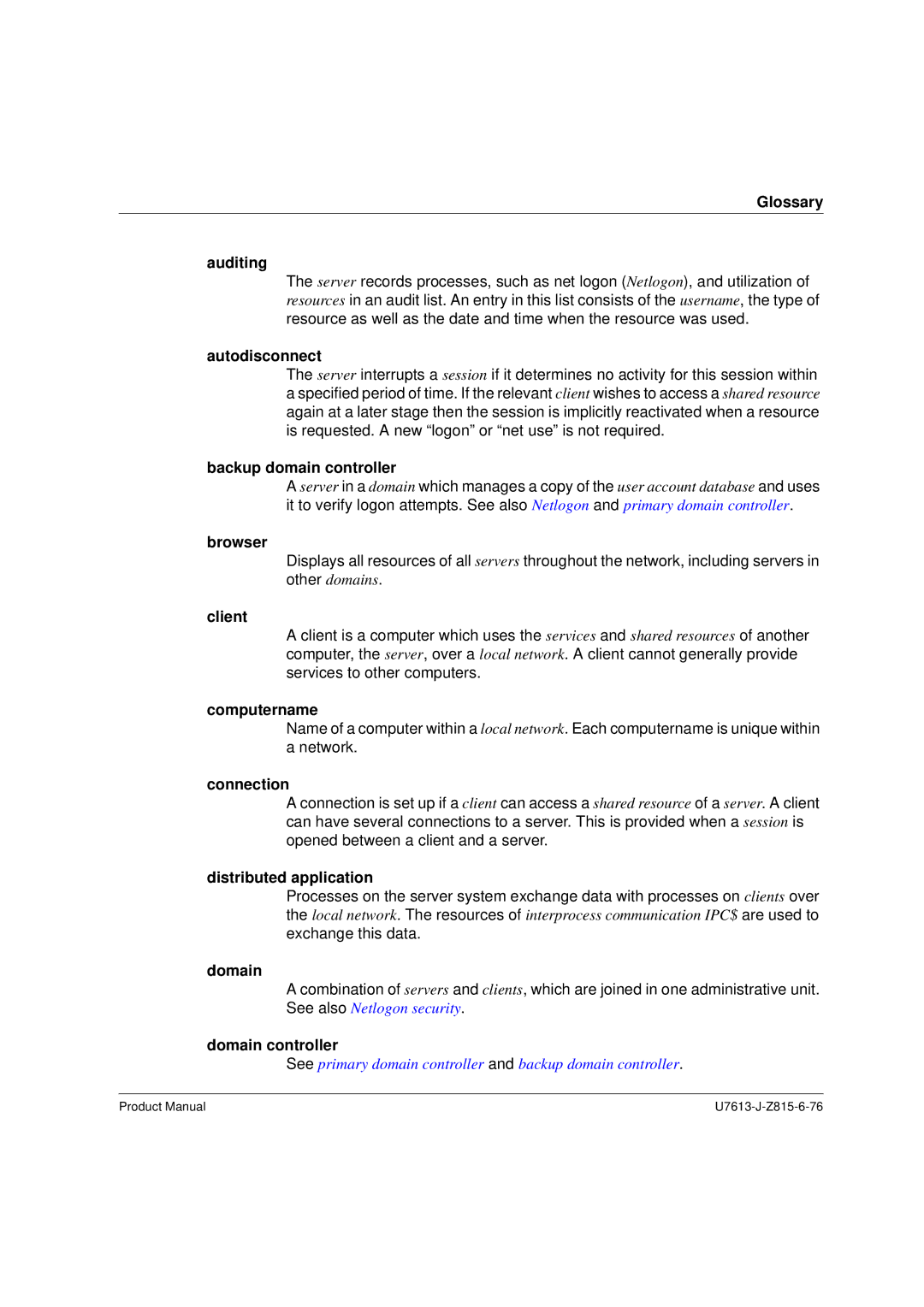 Siemens V4.0 manual Glossary Auditing, Backup domain controller, Browser, Client, Computername, Connection, Domain 