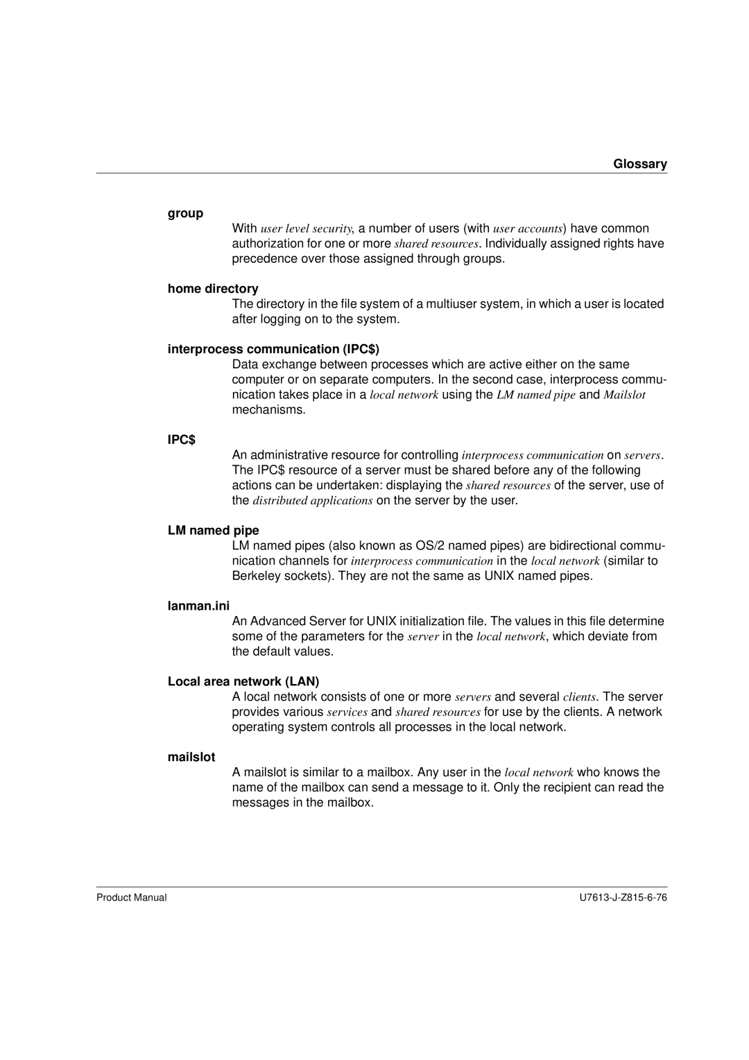 Siemens V4.0 manual Glossary Group, Home directory, Interprocess communication IPC$, LM named pipe, Local area network LAN 