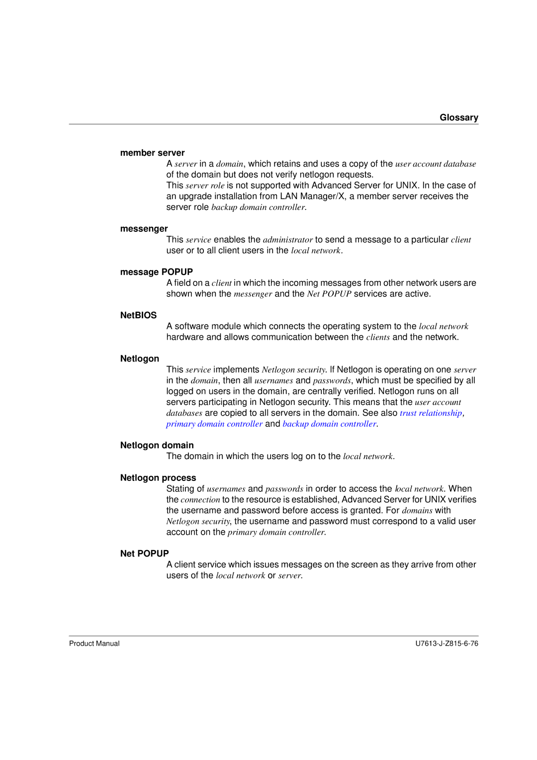 Siemens V4.0 Glossary Member server, Messenger, Message Popup, NetBIOS, Netlogon domain, Netlogon process, Net Popup 