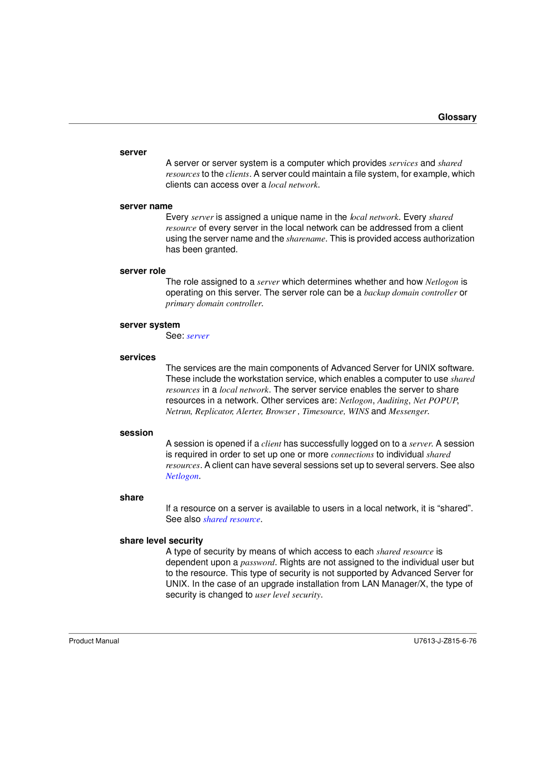 Siemens V4.0 manual Glossary Server, Server system, Session, Share level security 