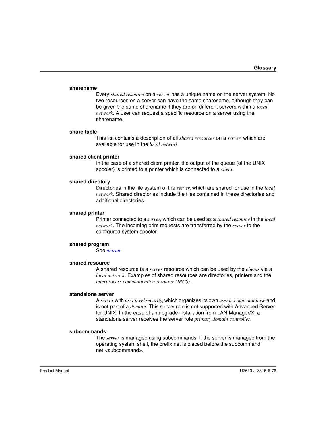 Siemens V4.0 manual Glossary Sharename, Share table, Shared directory, Shared printer, Shared resource, Standalone server 