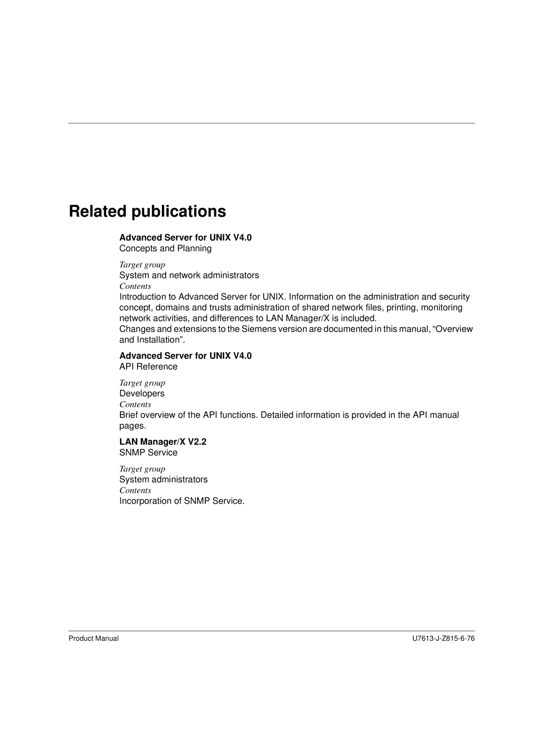 Siemens V4.0 manual Advanced Server for Unix, LAN Manager/X 