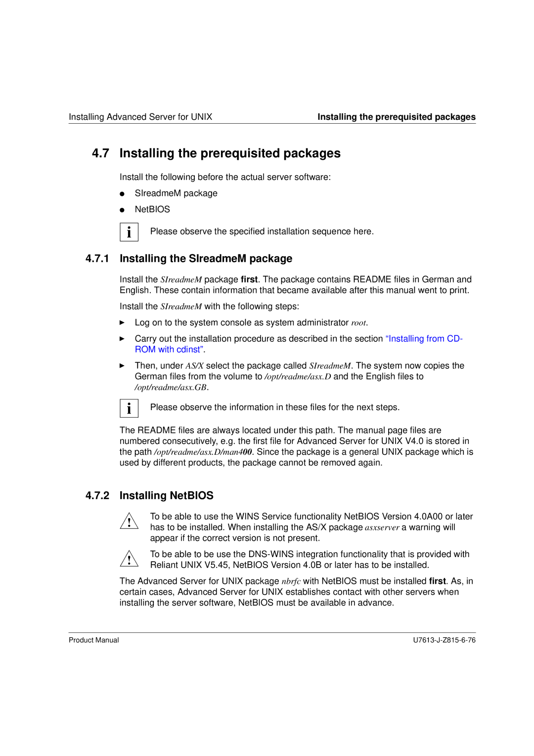 Siemens V4.0 manual Installing the prerequisited packages, Installing the SIreadmeM package, Installing NetBIOS 