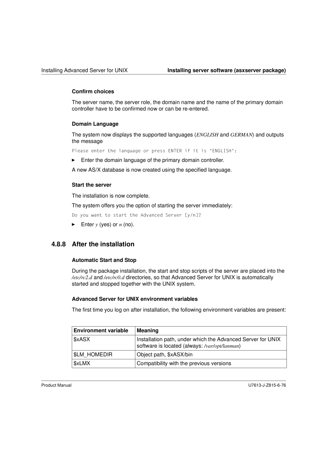 Siemens V4.0 manual After the installation, Automatic Start and Stop, Advanced Server for Unix environment variables 