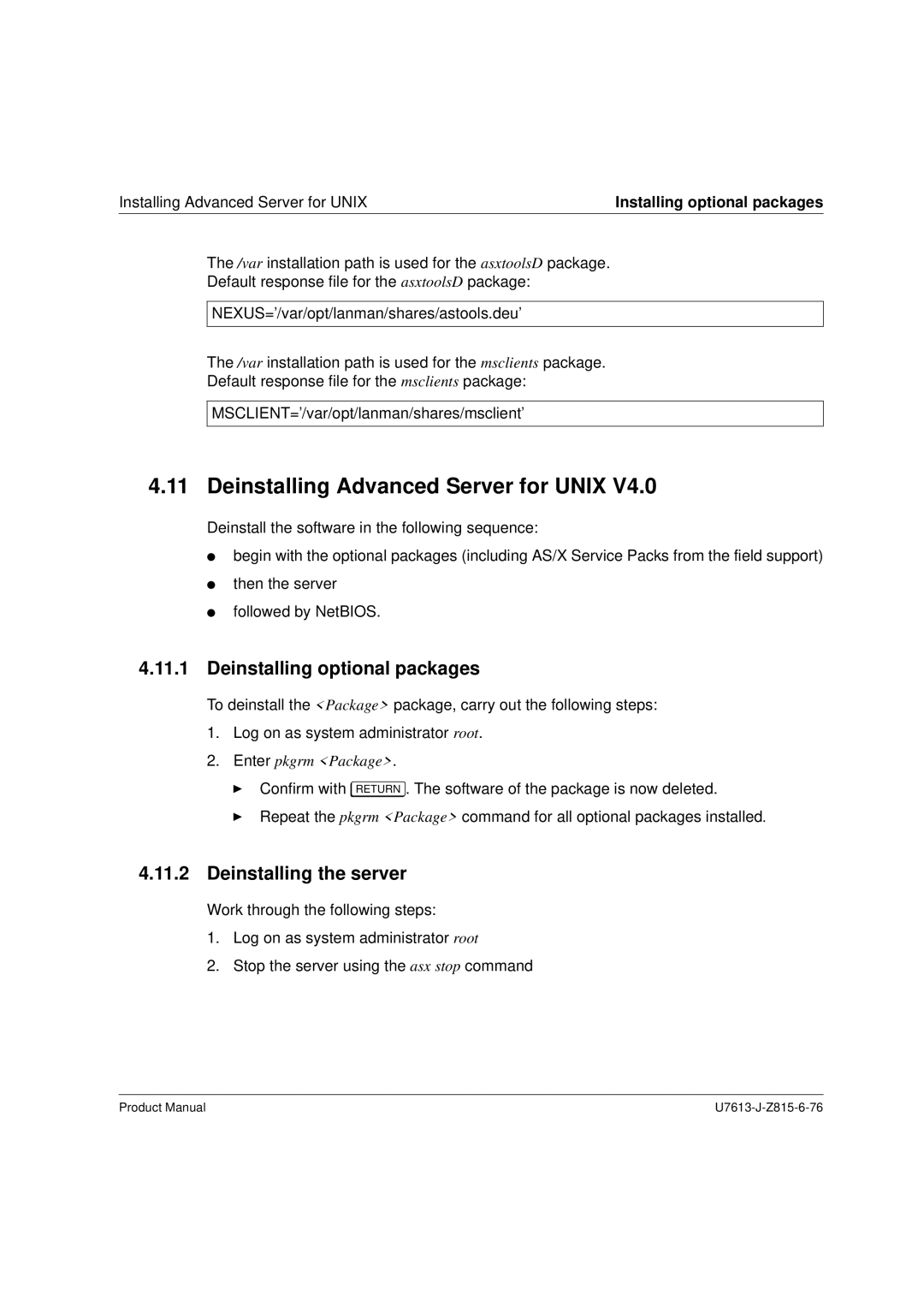 Siemens V4.0 manual Deinstalling Advanced Server for Unix, Deinstalling optional packages, Deinstalling the server 