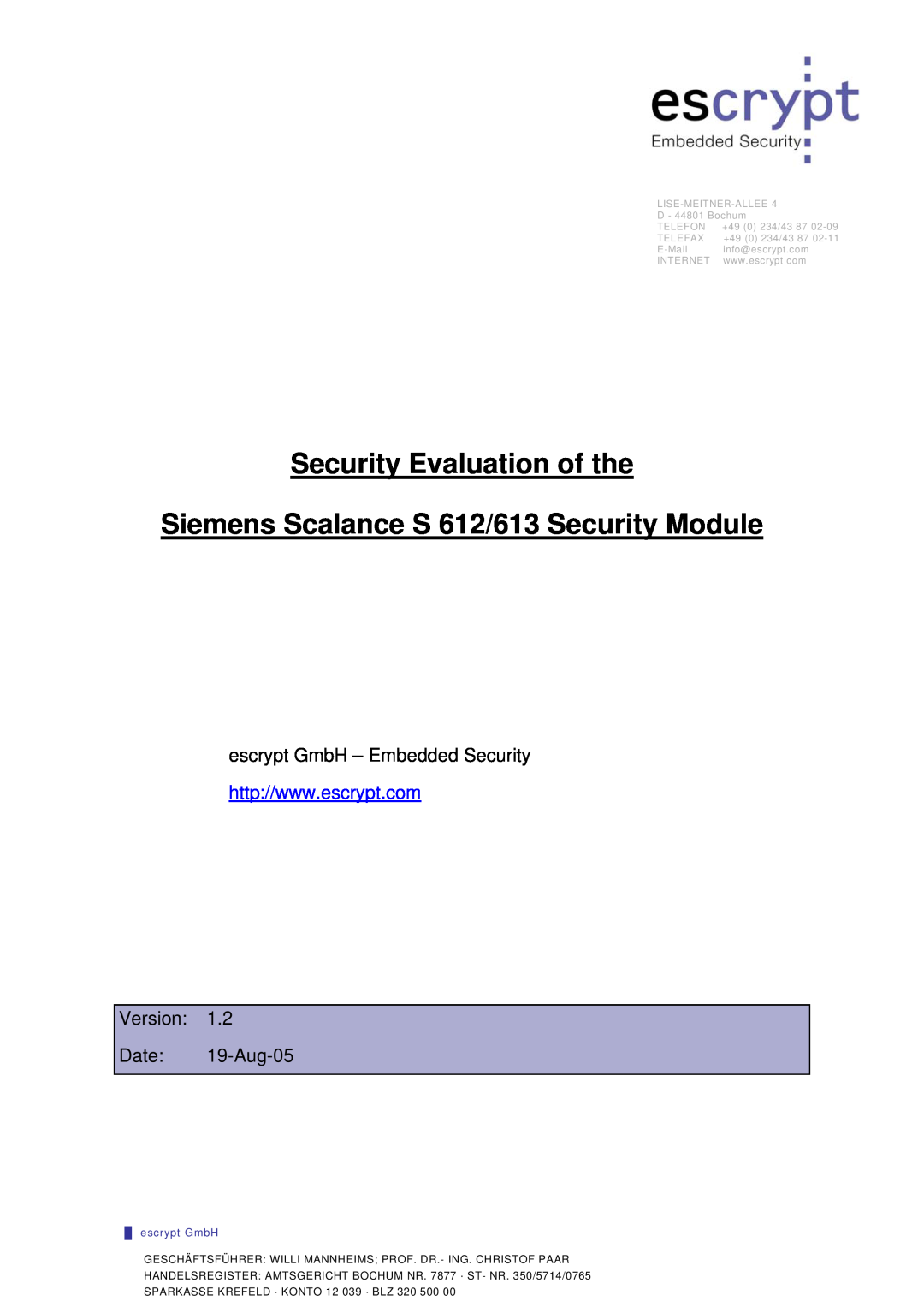 Siemens Version: 1.2 manual Security Evaluation of the, Siemens Scalance S 612/613 Security Module, Version Date 19-Aug-05 