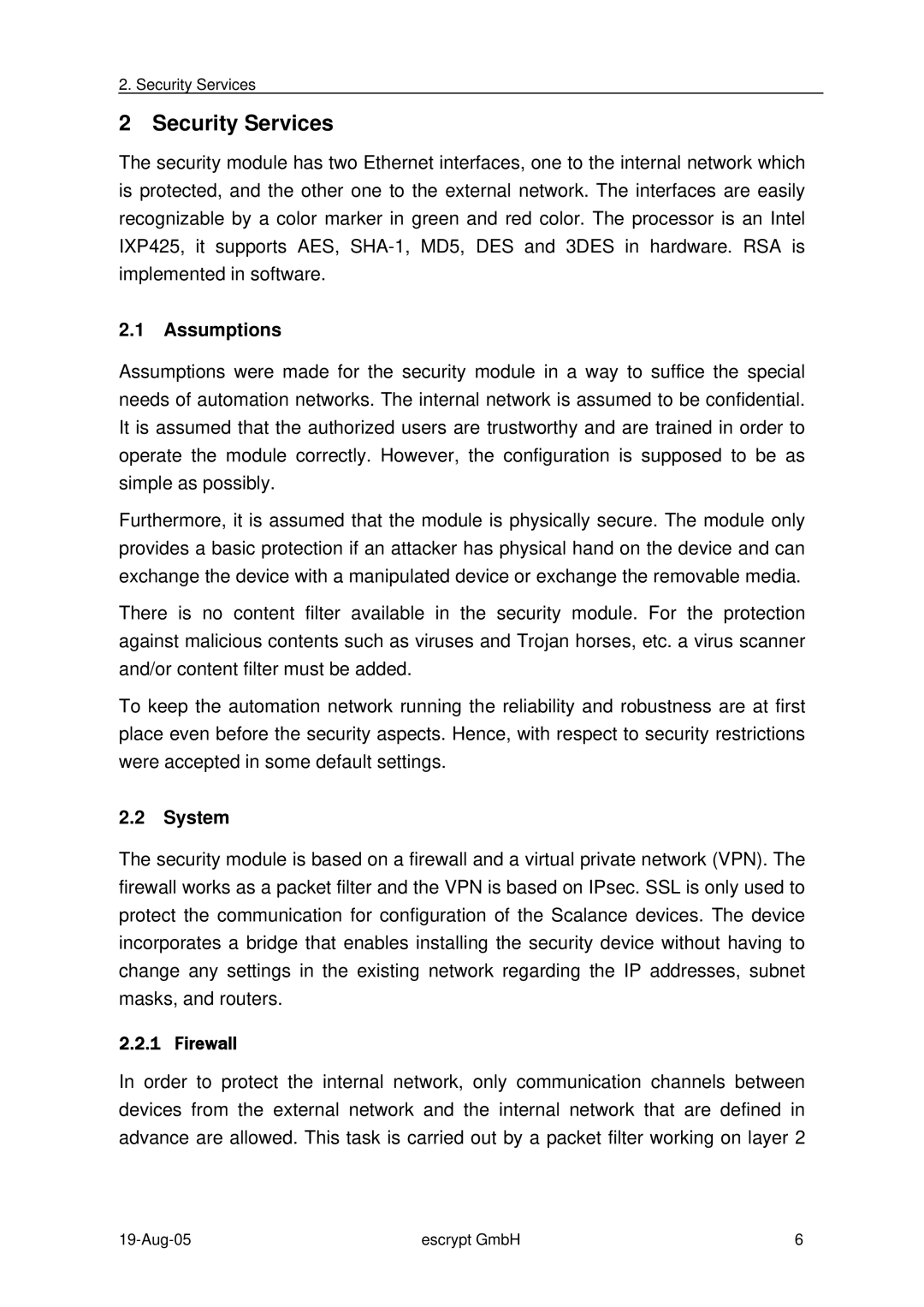 Siemens Version: 1.2 manual Security Services, Assumptions, System, Firewall 