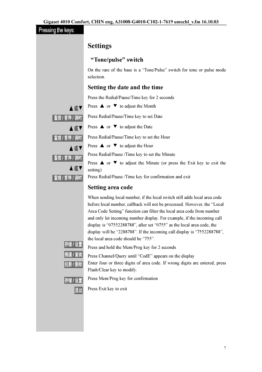 Siemens W12 user manual Settings, Tone/pulse switch, Setting the date and the time, Setting area code 