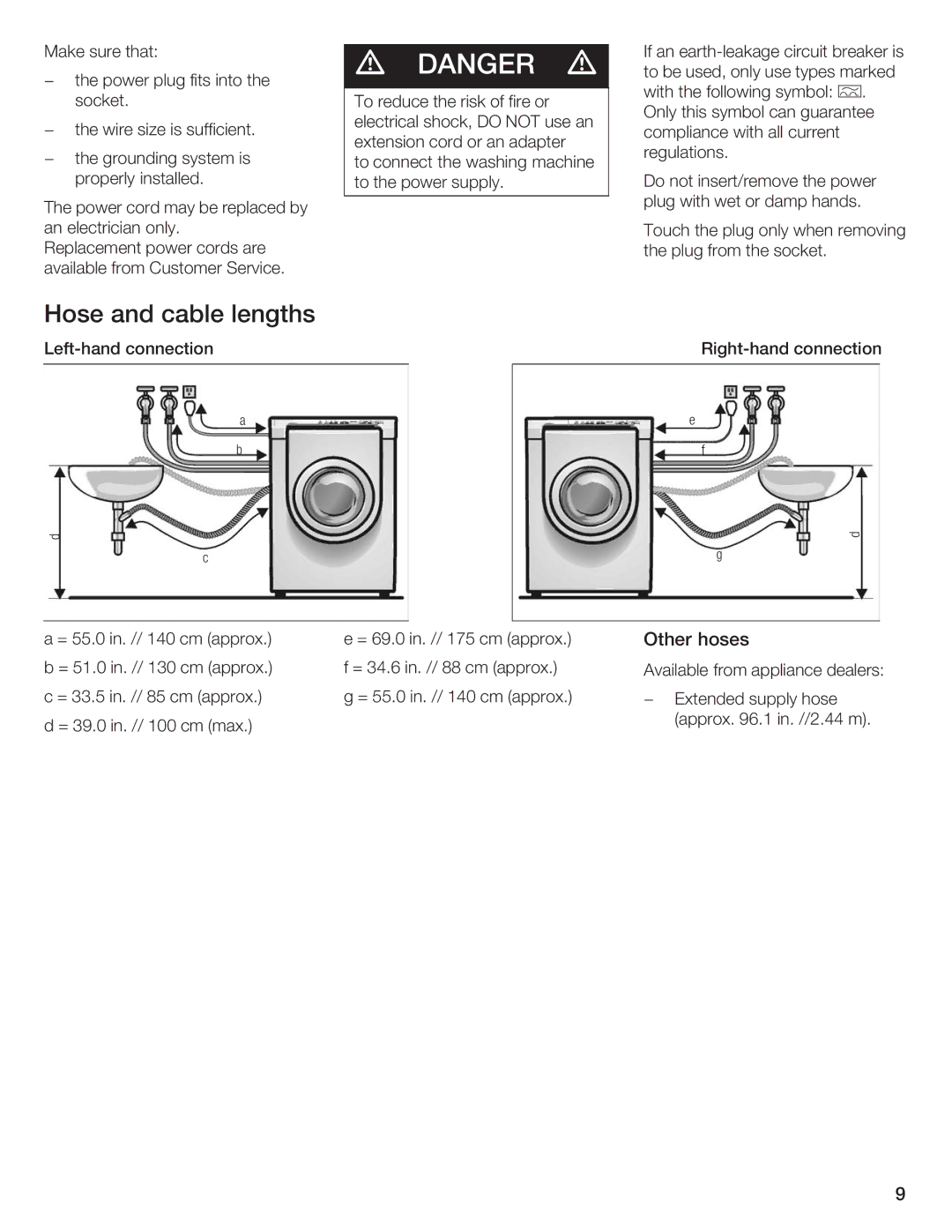 Siemens WFXD5200UC manual Hose Cable Lengths, Other hoses 