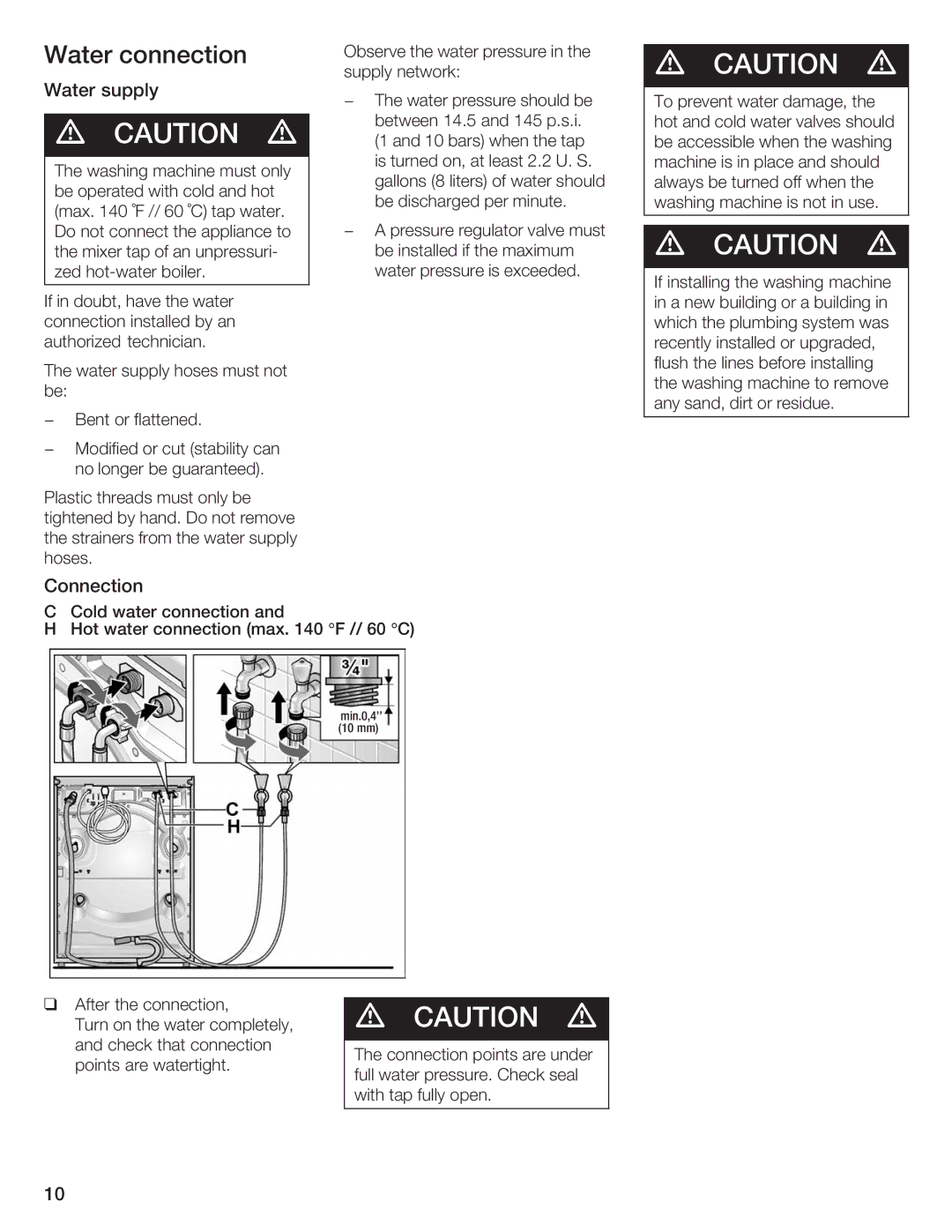 Siemens WFXD5200UC manual Water Connection, Water supply 