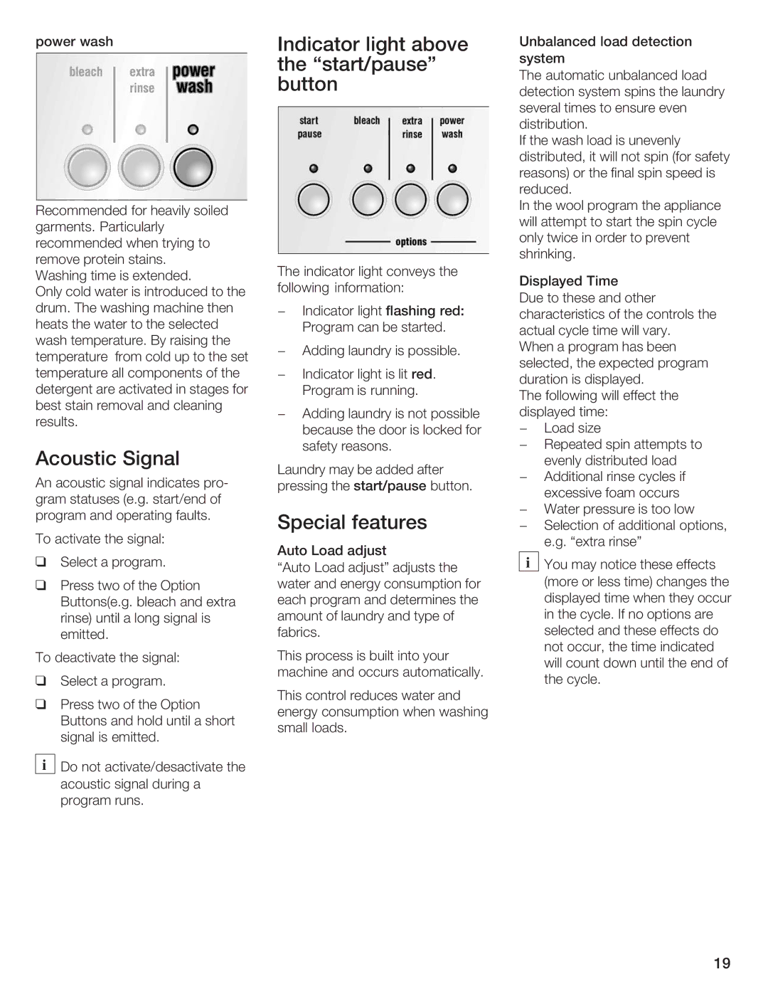 Siemens WFXD5200UC manual Indicator Light Above, Start/pause, Button, Acoustic Signal, Special Features 