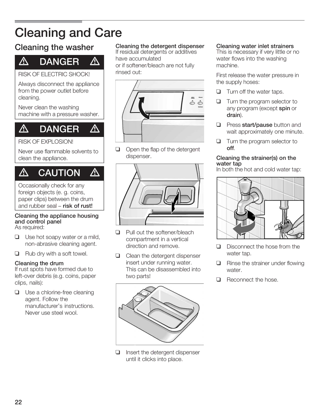 Siemens WFXD5200UC manual Cleaning and Care, Cleaning the washer, Risk of Electric Shock, Risk Explosion 