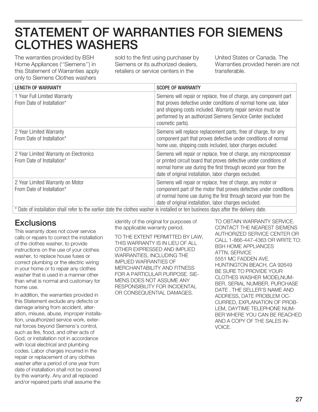 Siemens WFXD5200UC manual Statement of Warranties for Siemens Clothes Washers, Exclusions 