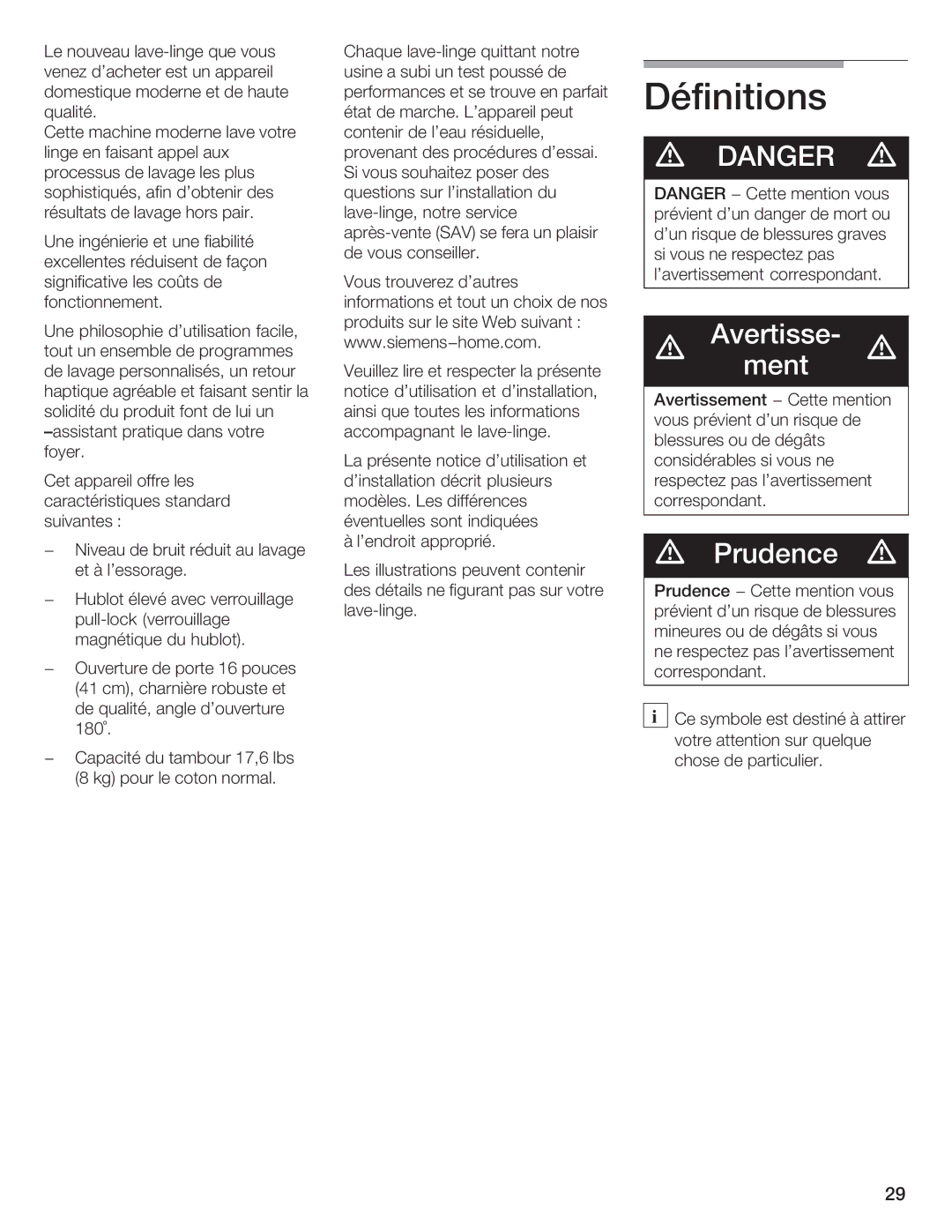 Siemens WFXD5200UC manual Défiitis, Avertisse 