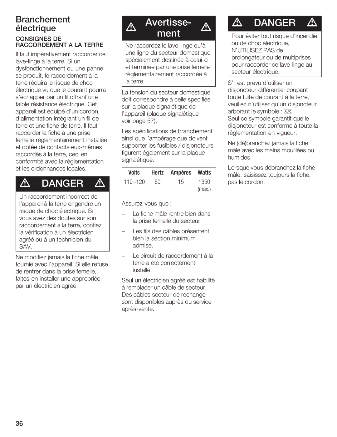 Siemens WFXD5200UC manual Branchement, Électrique, Consignes, Raccordement Terre 