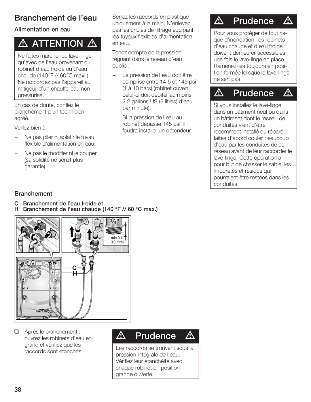 Siemens WFXD5200UC manual Branchement de leau, Alimentation Eau 