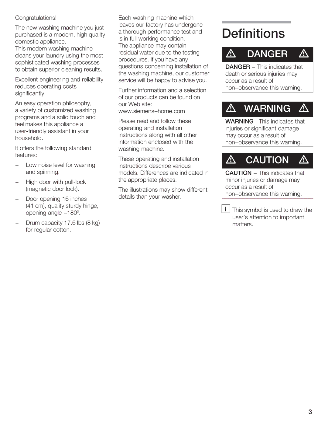 Siemens WFXD5200UC manual Definitions, Aution 