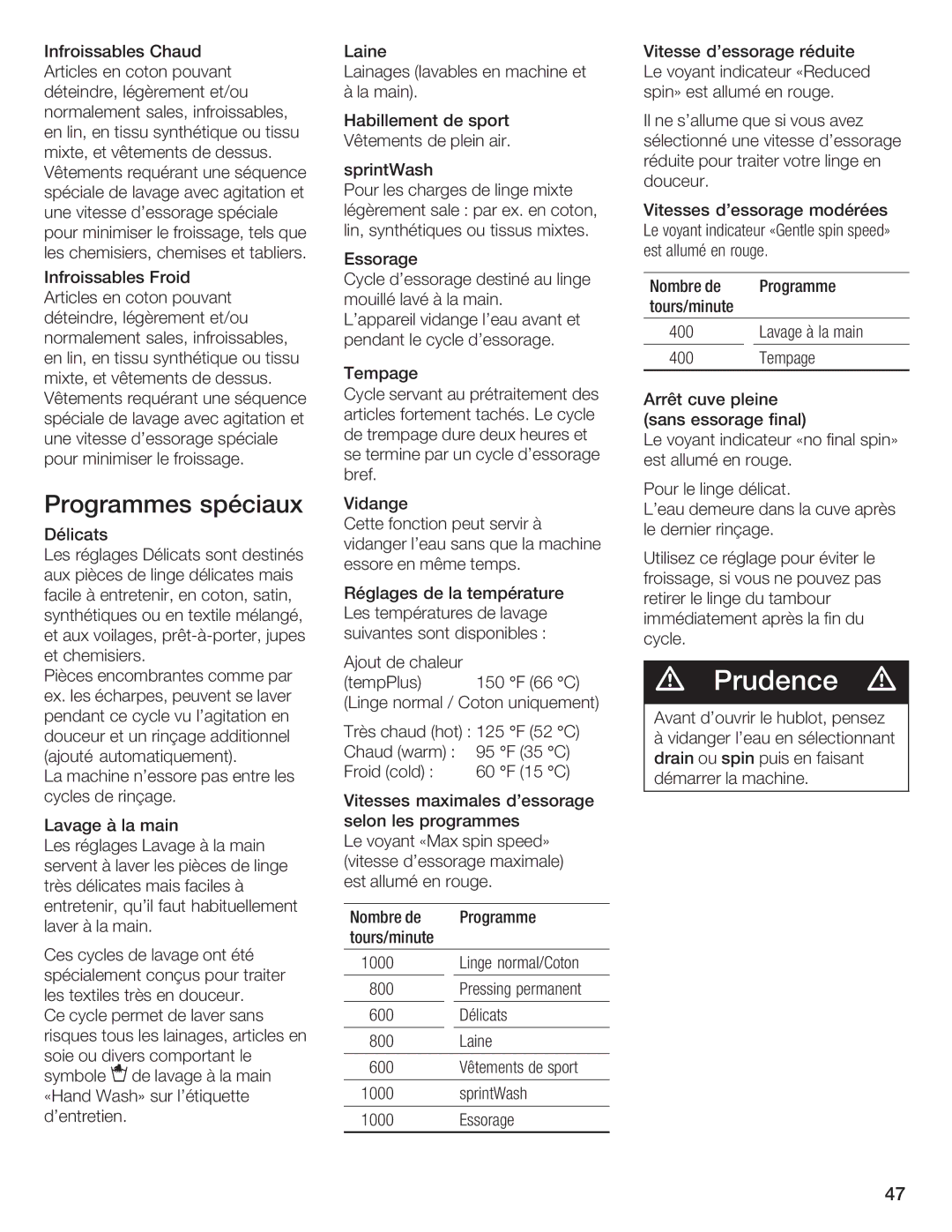 Siemens WFXD5200UC manual Programmes Spéciaux 