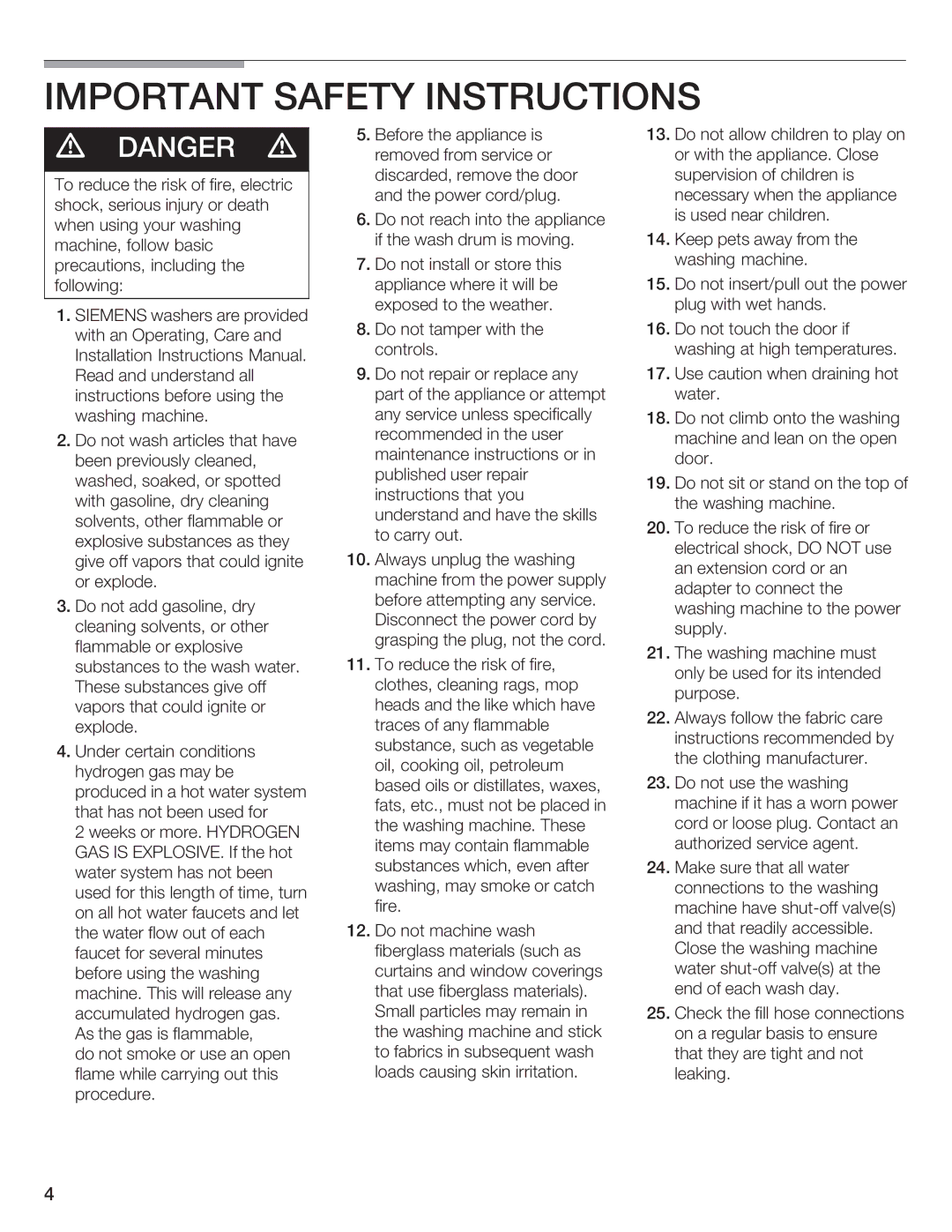 Siemens WFXD5200UC manual Important Safety Instructions, Not, GAS Explosive 