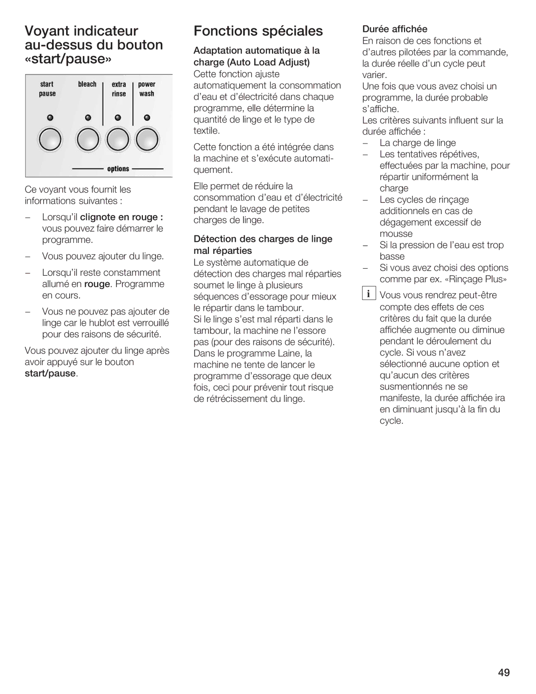 Siemens WFXD5200UC manual Voyant indicateur Fonctions Spéciales, Au&dessus Bouton, «start/pause» 