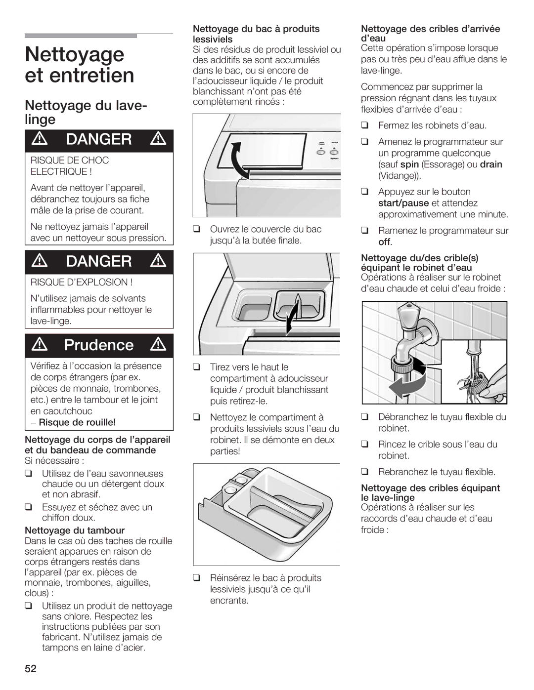 Siemens WFXD5200UC manual Nettoyage etentretien, Nettoyage du lave& linge, Risque DE Choc Electrique, Risque Dexplosion 