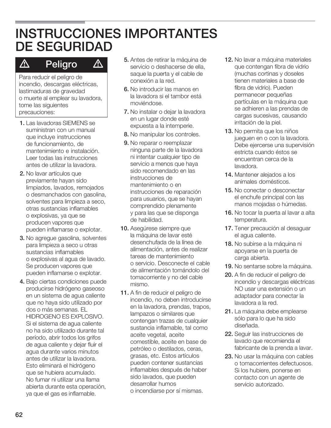 Siemens WFXD5200UC manual Instrucciones Importantes, Hidrogeno Explosivo 