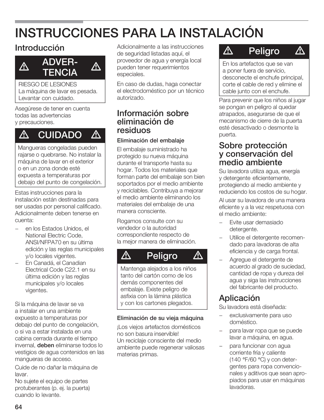 Siemens WFXD5200UC manual Instrucciones Para LA Instalación 