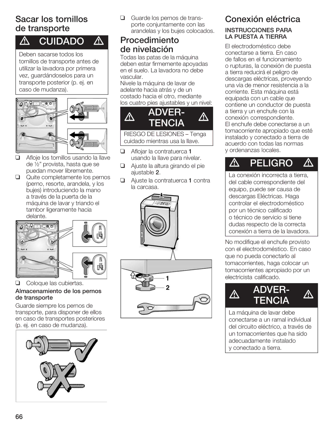 Siemens WFXD5200UC manual Sacar Los Tornillos, Conexión Eléctrica De%transporte, Procedimiento, De%nivelación 