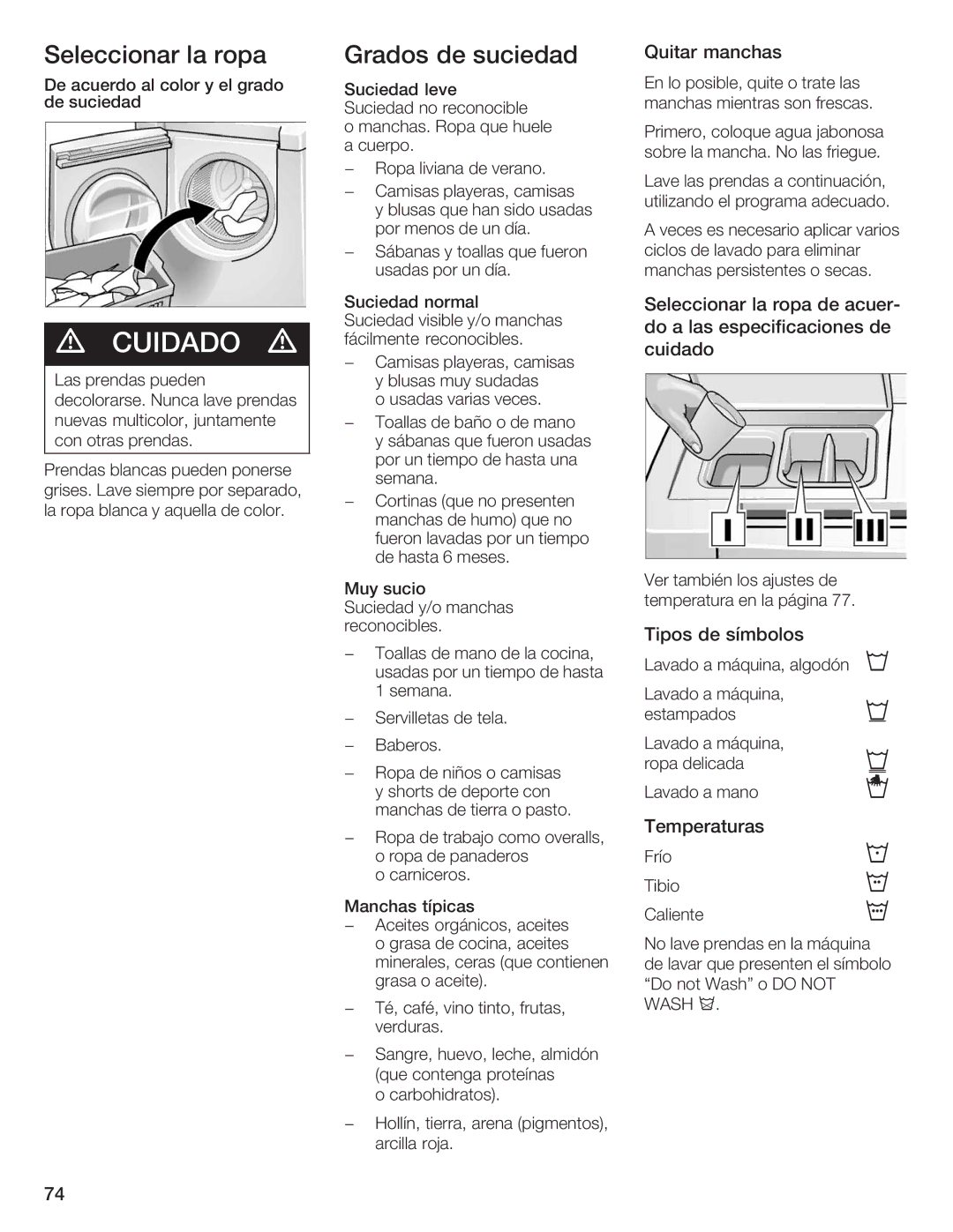 Siemens WFXD5200UC manual Seleccionar la ropa, Quitar manchas, Tipos de símbolos, Temperaturas, WASH9Ú 