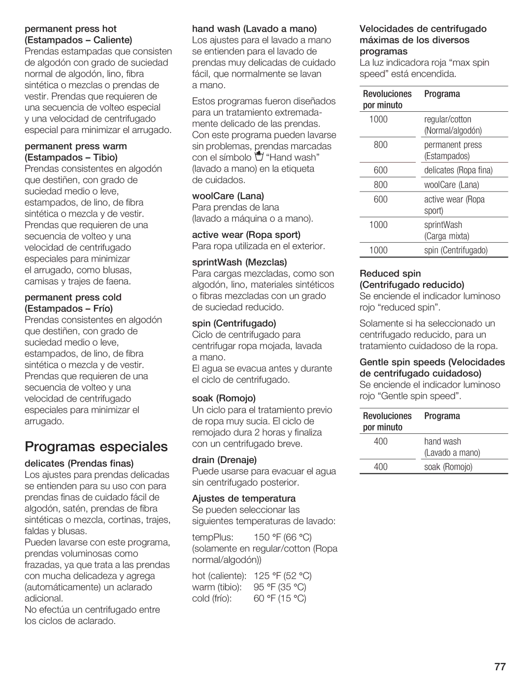 Siemens WFXD5200UC manual Programas Especiales 