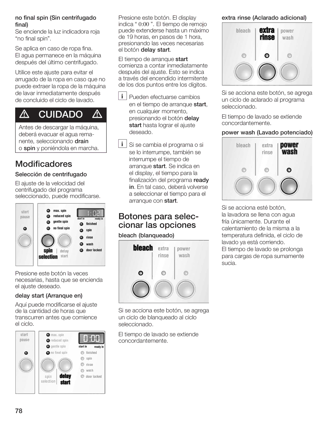 Siemens WFXD5200UC manual Modificadores, Botones para selec cionar las opciones 