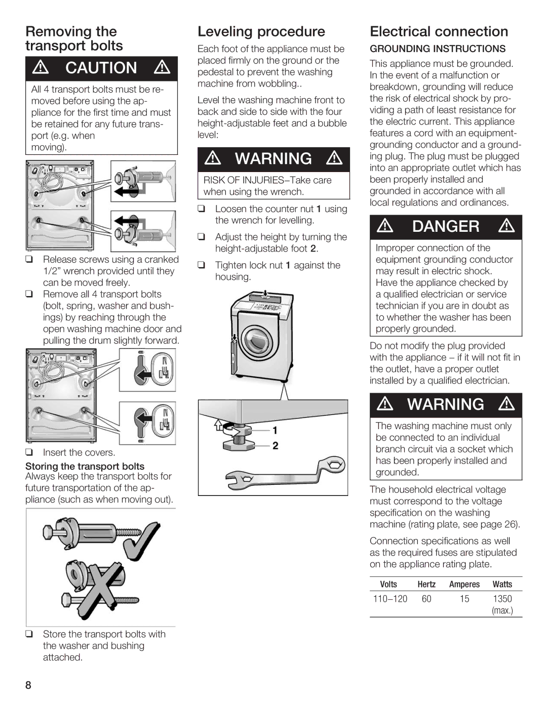 Siemens WFXD5200UC manual Each foot of the appliance must BeGROUNDING 