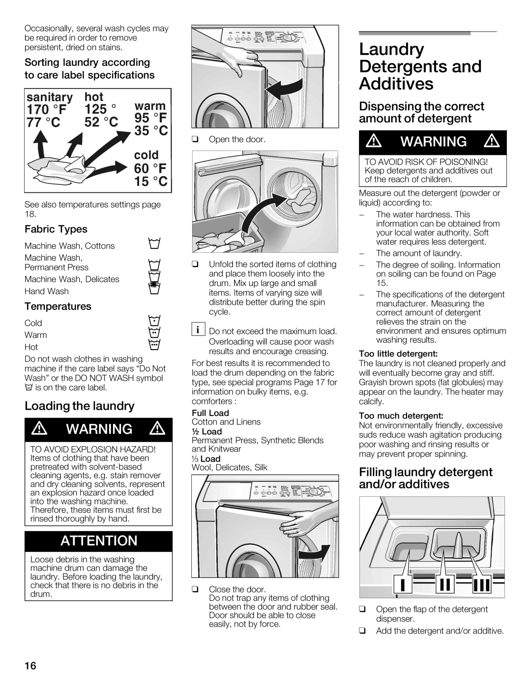 Siemens WFXD5202UC manual Laundry Detergents Additives, Dispensing the correct amount of detergent 