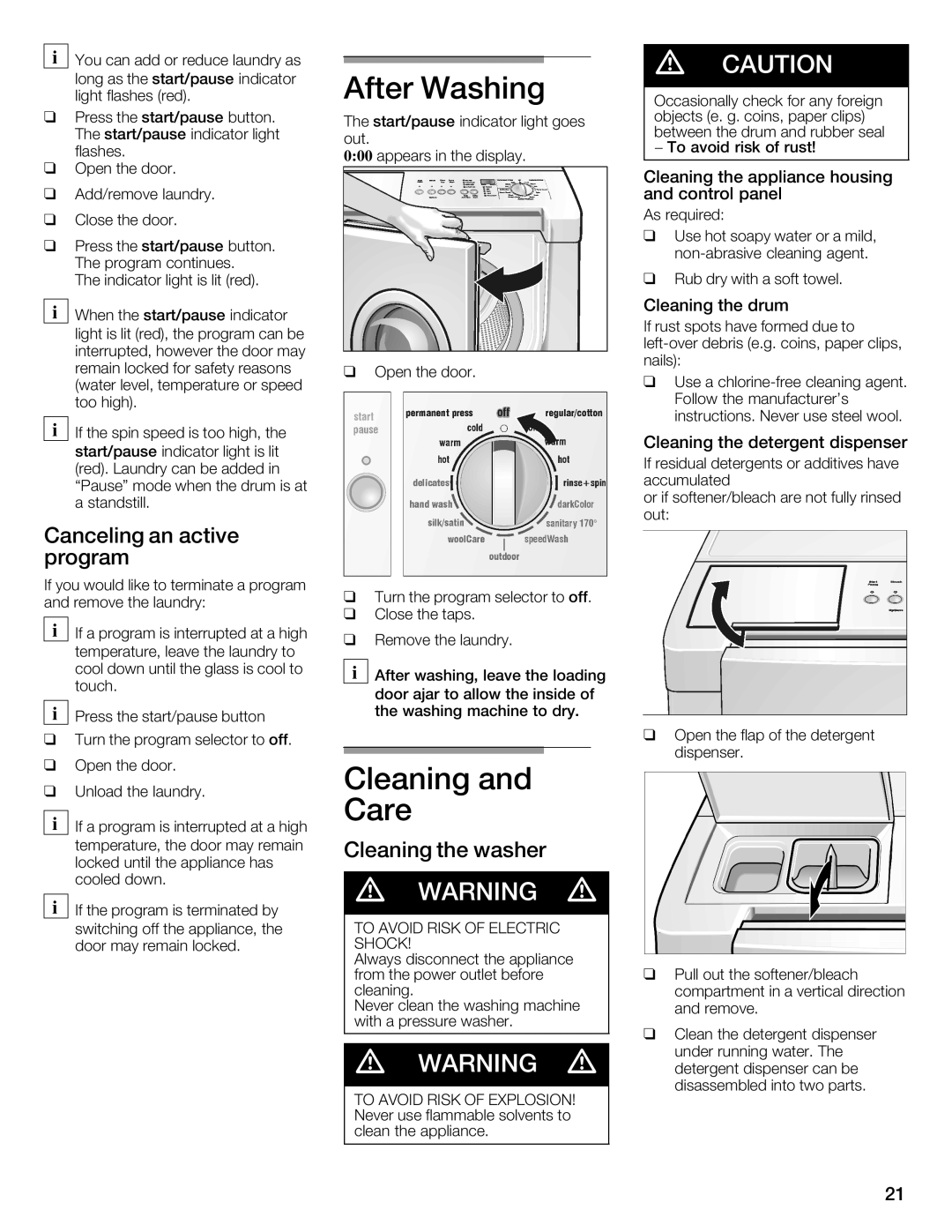 Siemens WFXD5202UC manual After Washing, Care, Canceling an active program, Cleaning Washer 