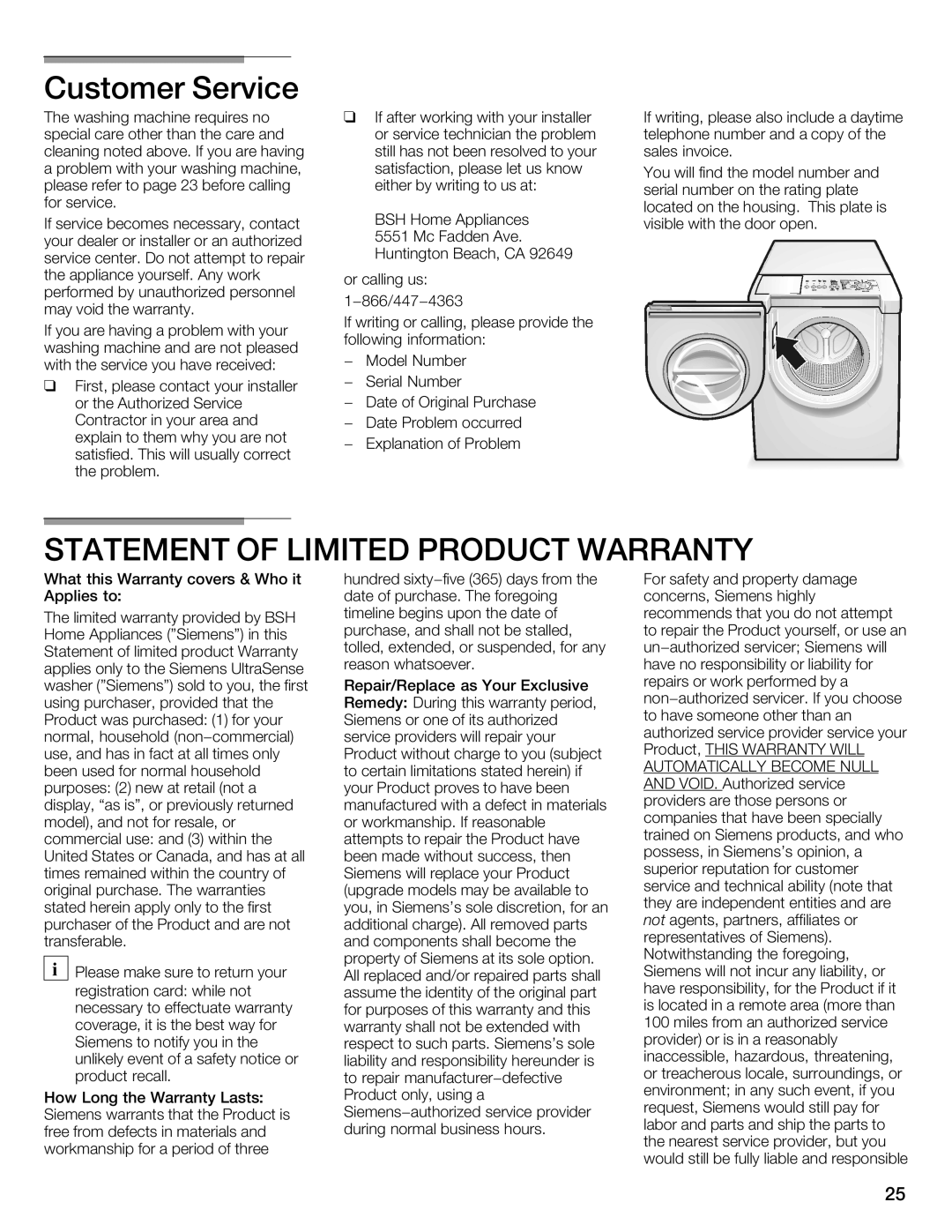 Siemens WFXD5202UC manual Customer Service, Statement Limited Product Warranty 