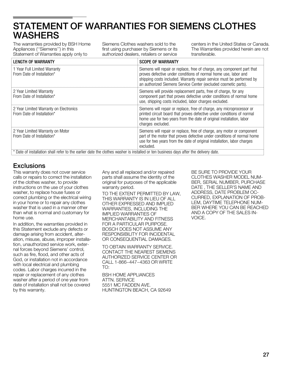 Siemens WFXD5202UC manual Statement of Warranties for Siemens Clothes Washers, Exclusions 