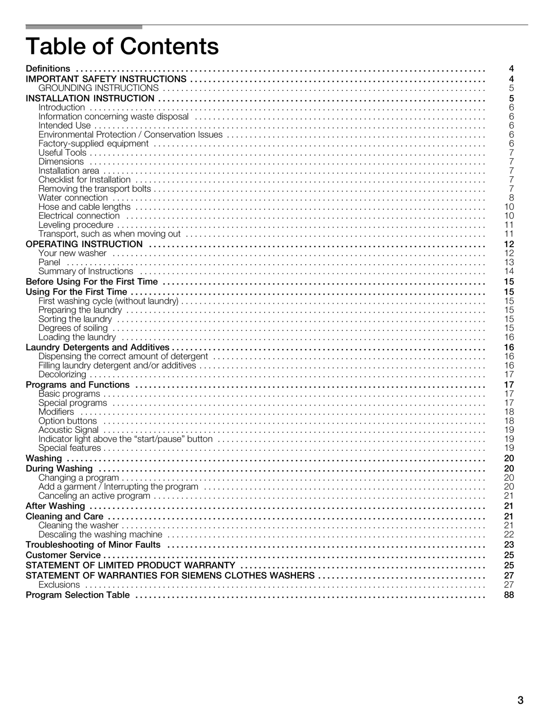 Siemens WFXD5202UC manual Contents 