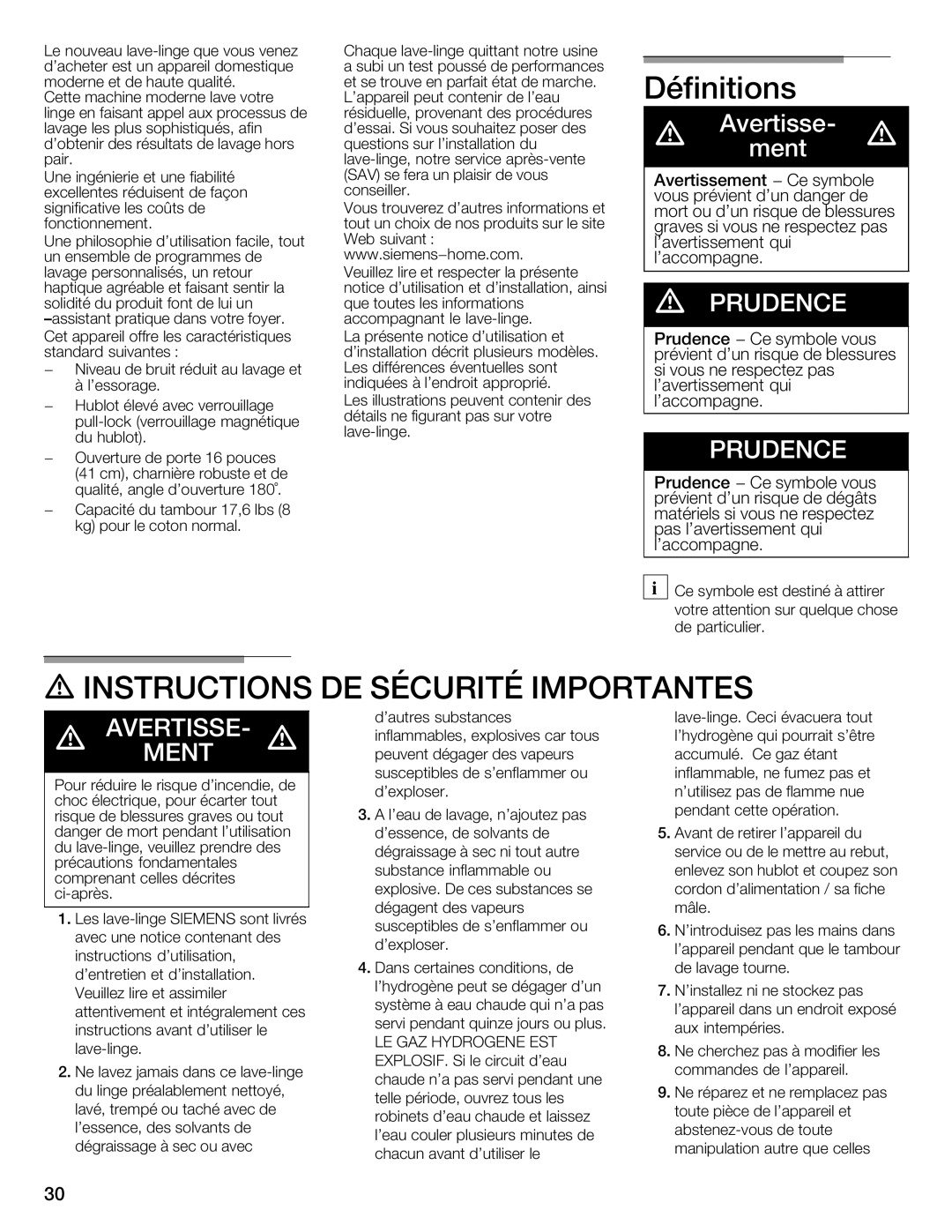 Siemens WFXD5202UC manual Définitions, Instructions, DE Sécurité Importantes 