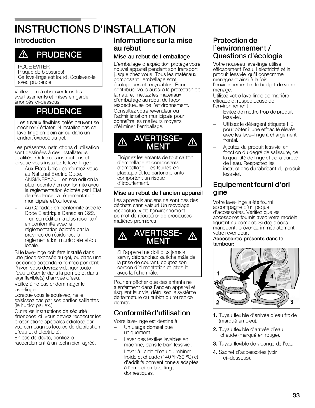 Siemens WFXD5202UC manual Dinstallation, Introduction Informations Sur La mise Protection, Au rebut Lenvironnement 