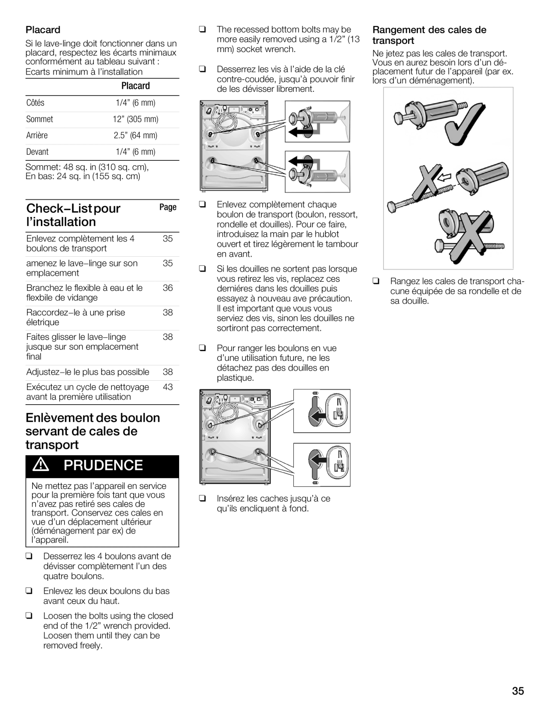 Siemens WFXD5202UC manual Check-List pour Linstallation, Enlèvement des boulon servant de cales de transport, Placard 