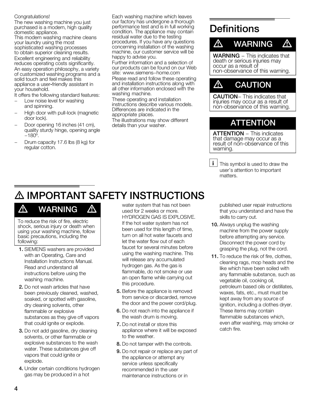 Siemens WFXD5202UC manual Definitions, Important Safety Instructions 