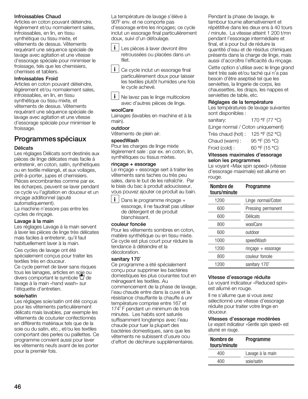 Siemens WFXD5202UC manual Programmes Spéciaux 