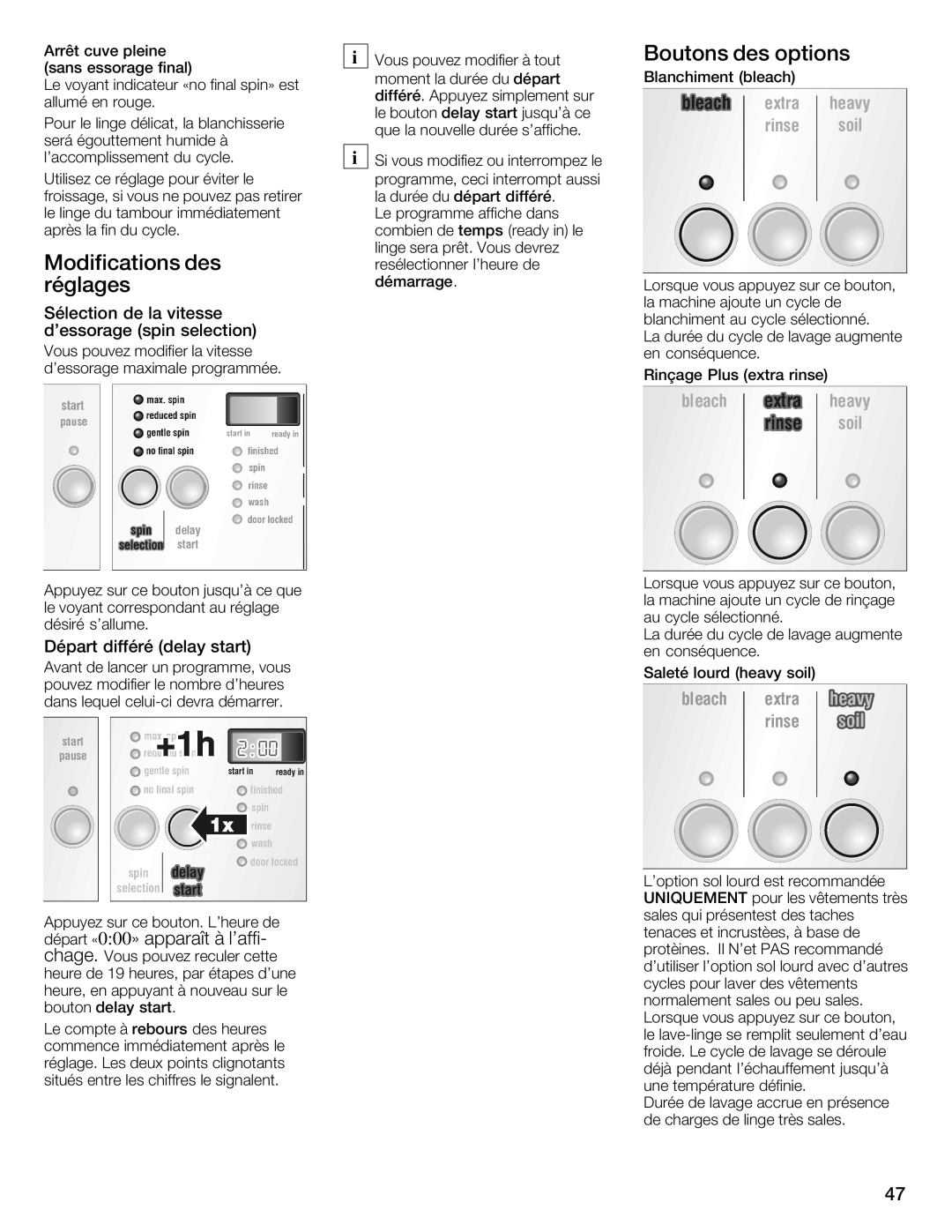 Siemens WFXD5202UC Modifications Des, Réglages, Boutons des options, Sélection de la vitesse dessorage spin selection 