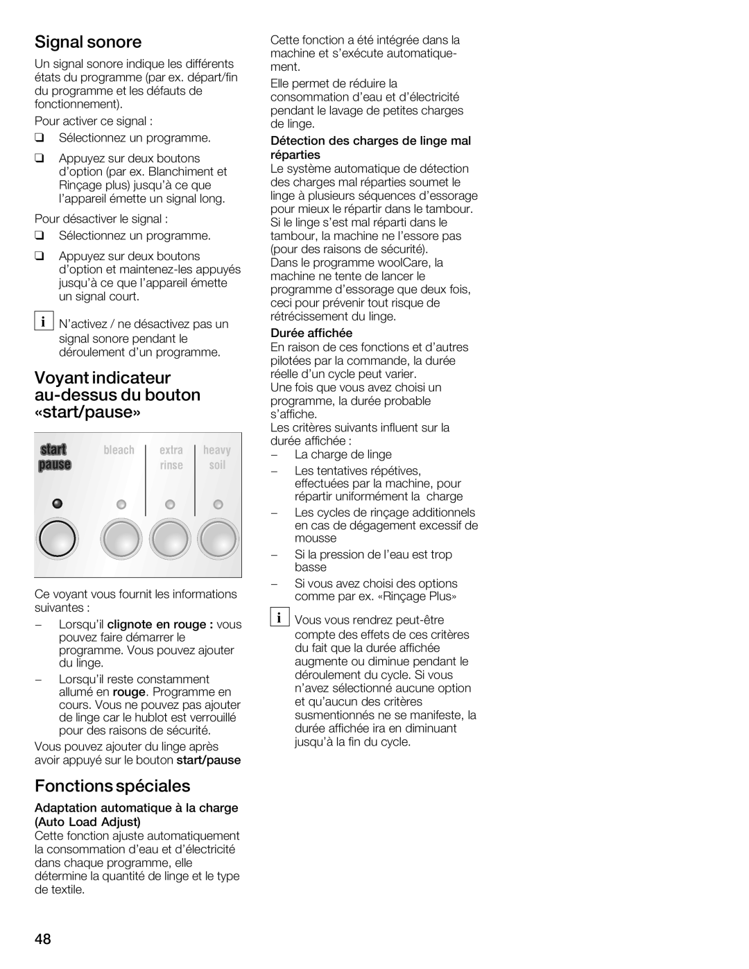 Siemens WFXD5202UC manual Signal Sonore, Fonctions Spéciales 