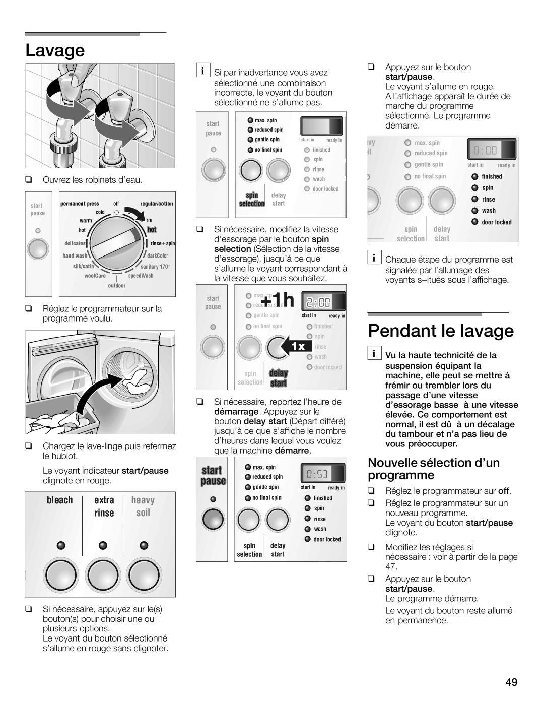 Siemens WFXD5202UC manual Lavage, Pendant le lavage, Nouvelle sélection dun programme 