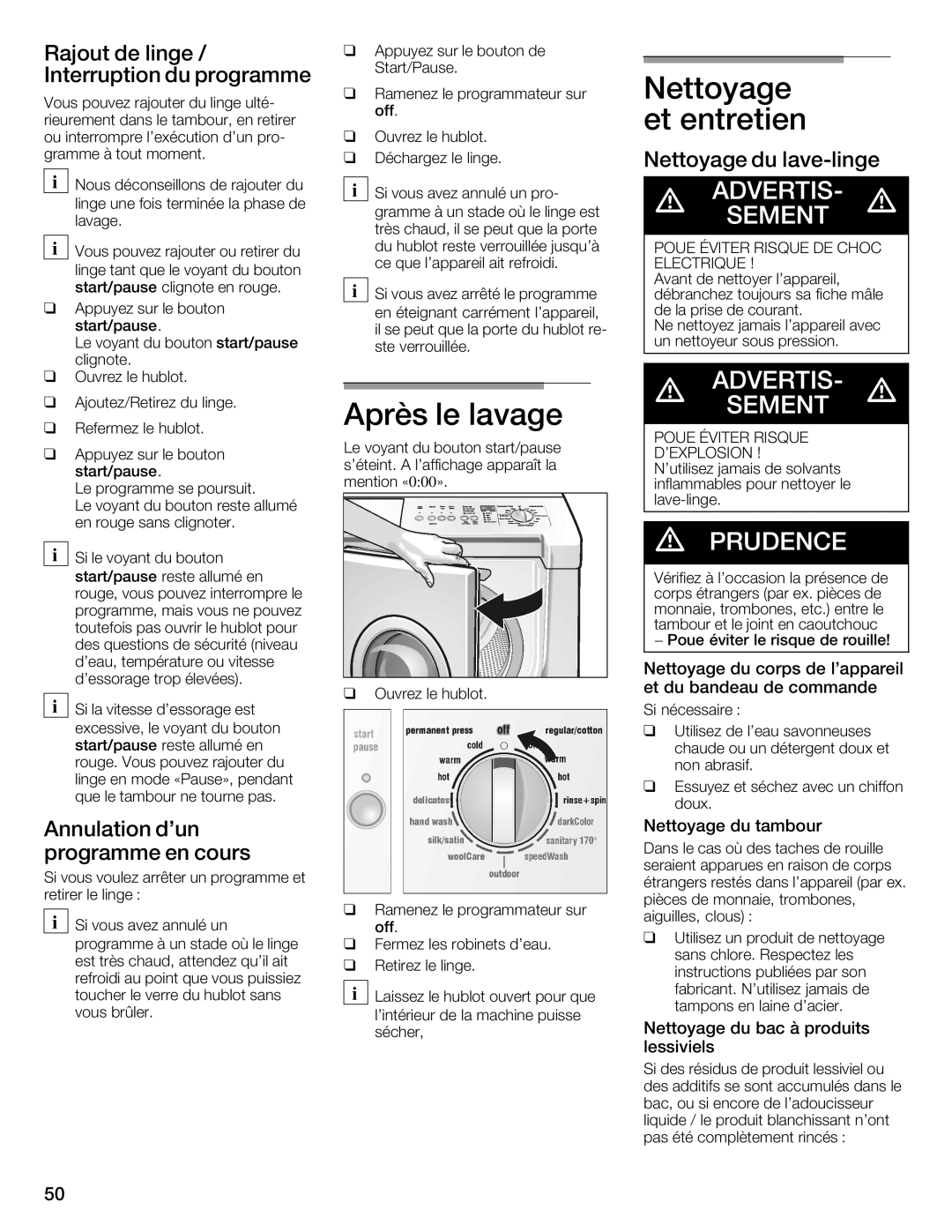 Siemens WFXD5202UC manual Nettoyage et entretien, Nettoyage du laveflinge, Annulation dun programme en cours 